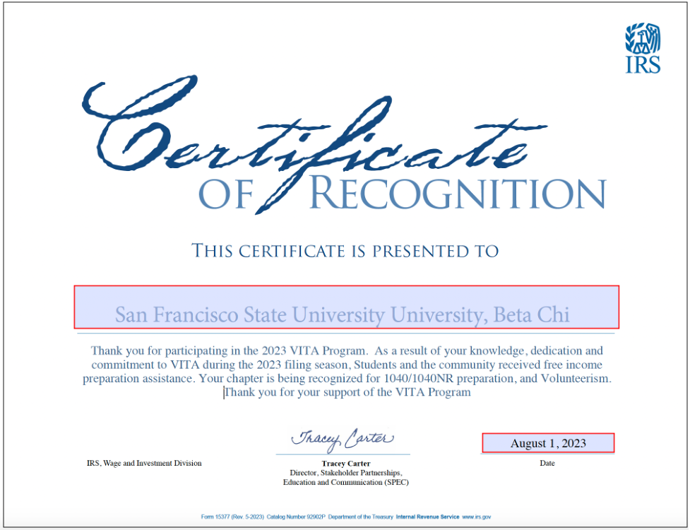 SF State Beta Chi Chapter Recognized by IRS for the 2023 Volunteer ...
